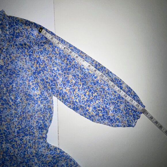 Endless Blu Tiered Ruffle 3/4 Sleeve Dress Tie Neck Blue Floral Tie Neck Mini S - Picture 9 of 13